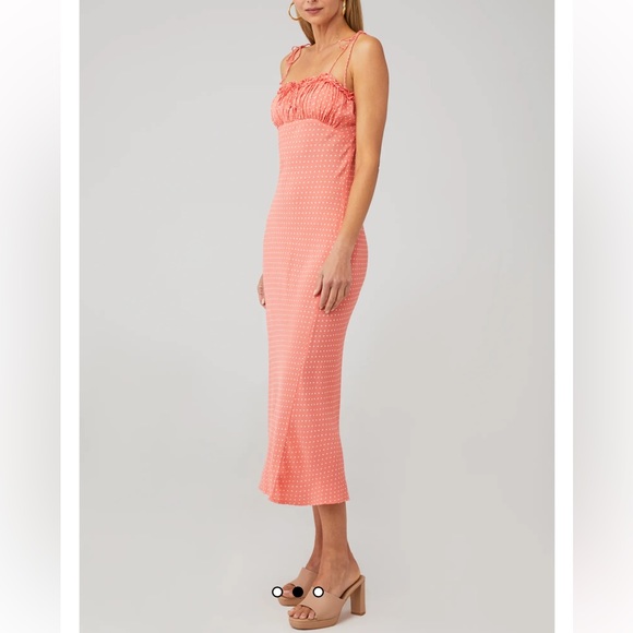 CLEOBELLA Coral Peach Pink Polka Dot Emily Sleeveless Midi Slip Dress Size Small - Picture 3 of 11